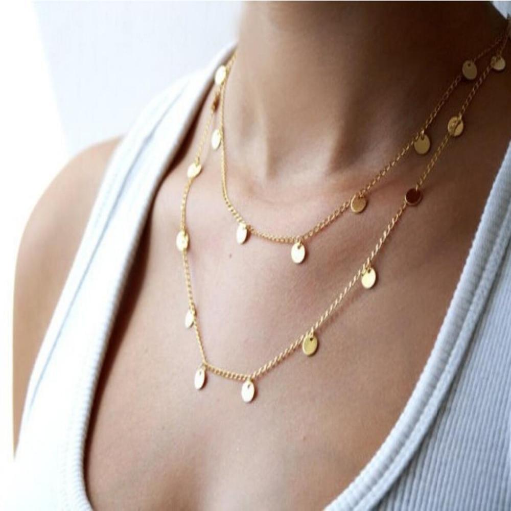 Fashion Double Layer Coin Bohemia Round Sequins Choker Necklace