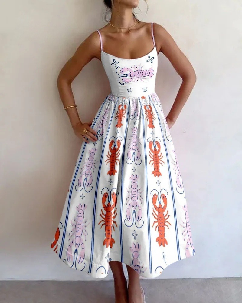 Creative Lobster Printed Halter Dress