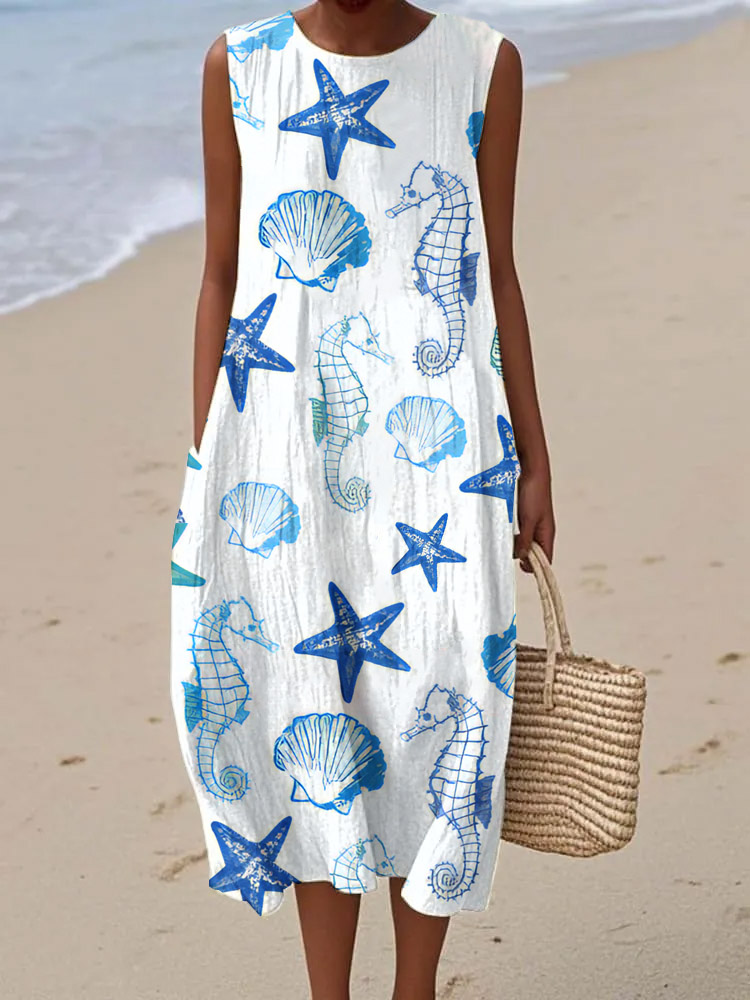 Women's Resort Style Seahorse And Starfish Pattern Sleeveless Cotton Pocket Wrap Dress
