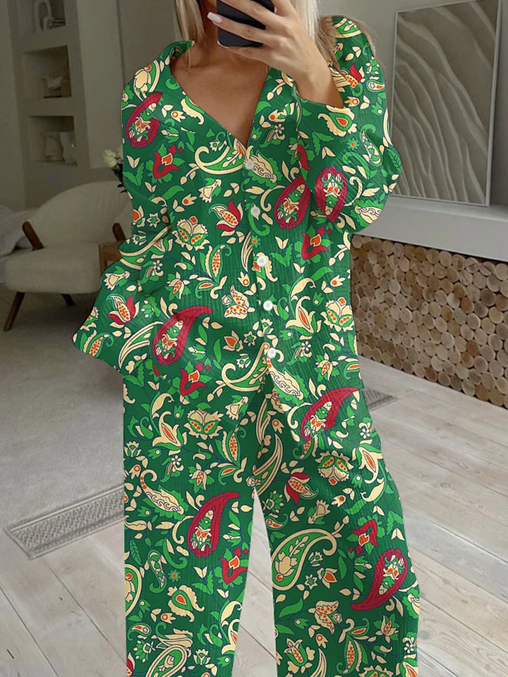 Women's Green Bohemian Art Painting Printed Home Long Sleeve Suit