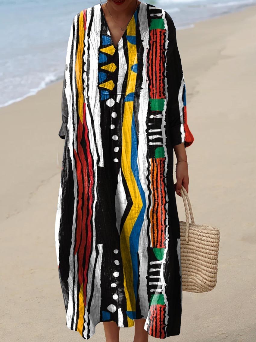 Women's Vintage Geometric Striped Pattern Art Print Flowy Dress