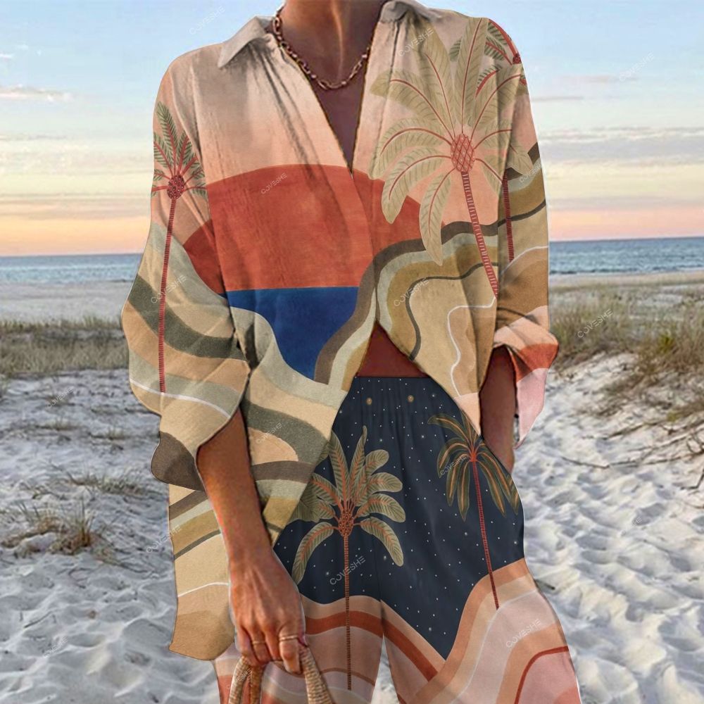 Sunset Palms Print Relaxed Two-Piece Set