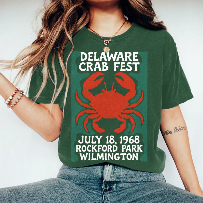 100% Cotton Women's Delaware Crab Fest  Art Print Casual T-shirt