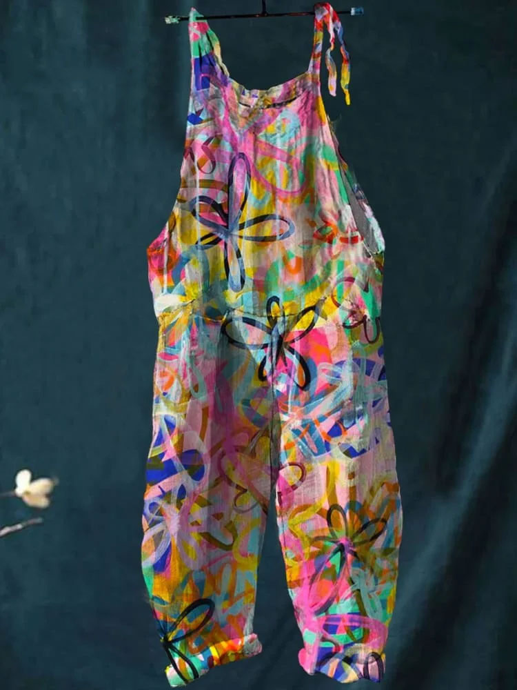 Women's Vintage Lovely Floral Art Print Casual 100% Cotton Wide Leg Jumpsuit