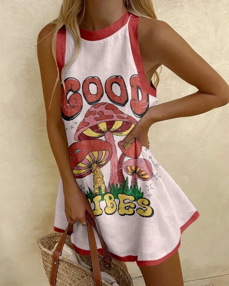 Holiday Mushroom Print Sleeveless Dress