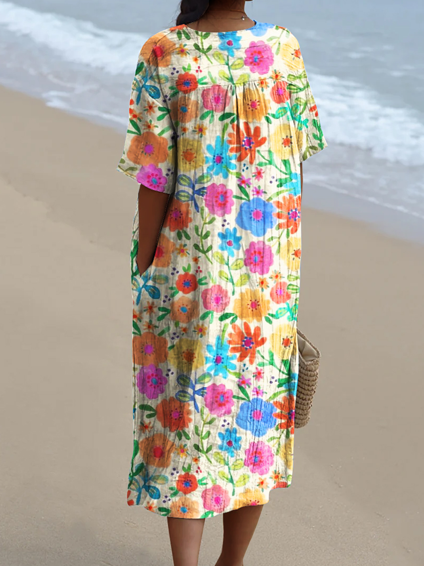 Women's Colorful Flower Painting Art Print Flowy Dress