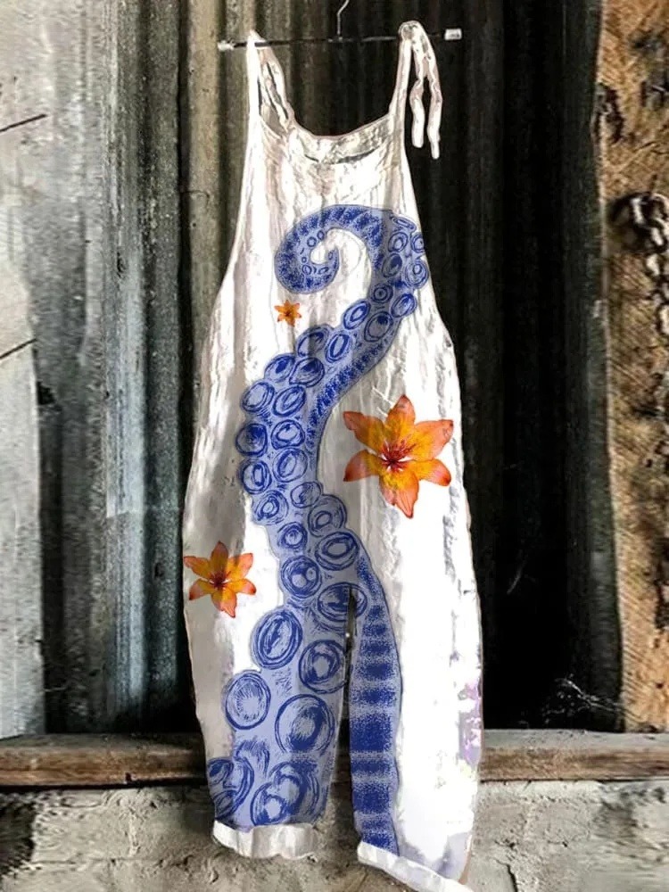 Japanese Art Octopus Loose Casual Jumpsuit
