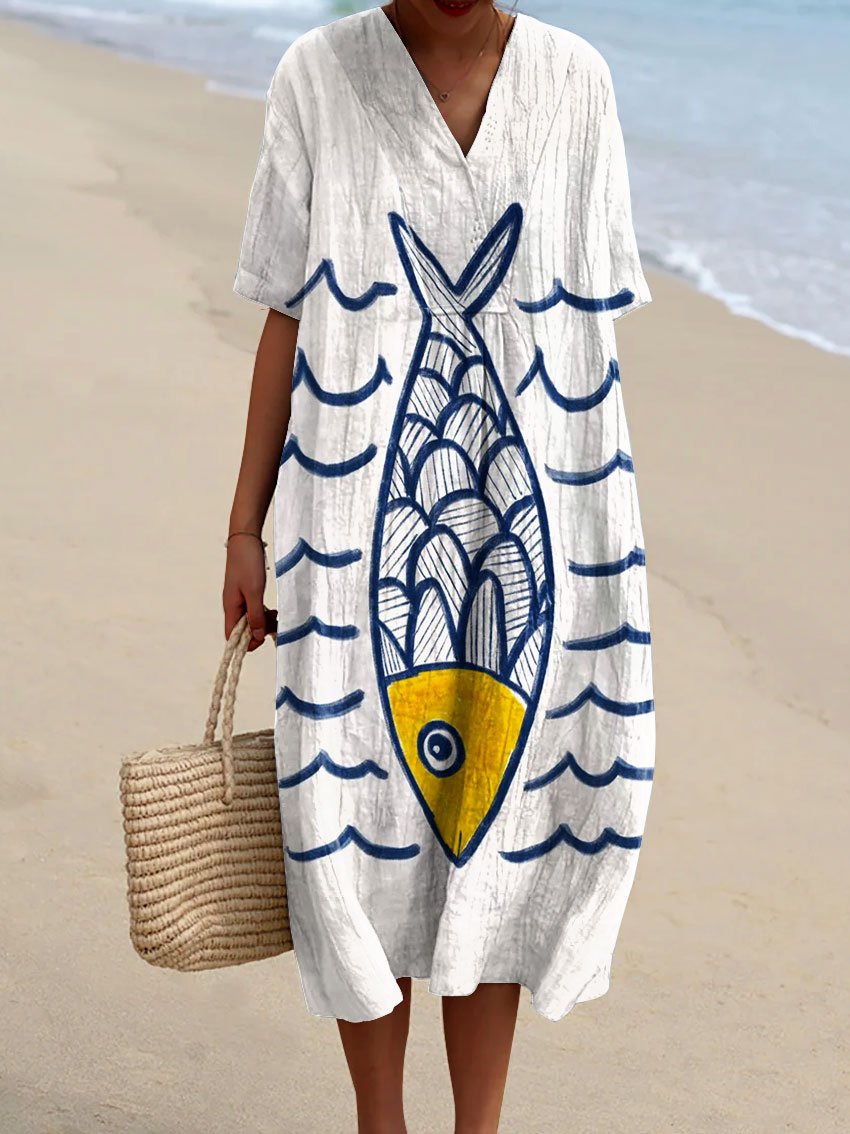 Women's Vintage Fish Art Print Flowy Dress