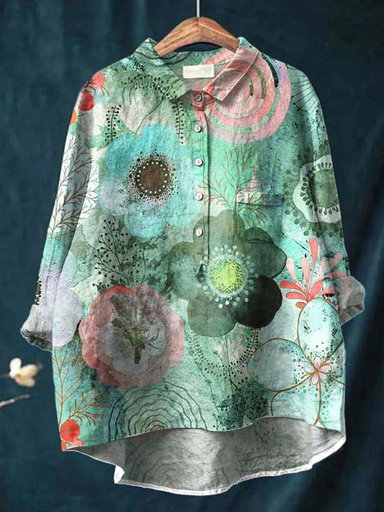 Women's Art Watercolor Floral Casual Cotton and Linen Shirt