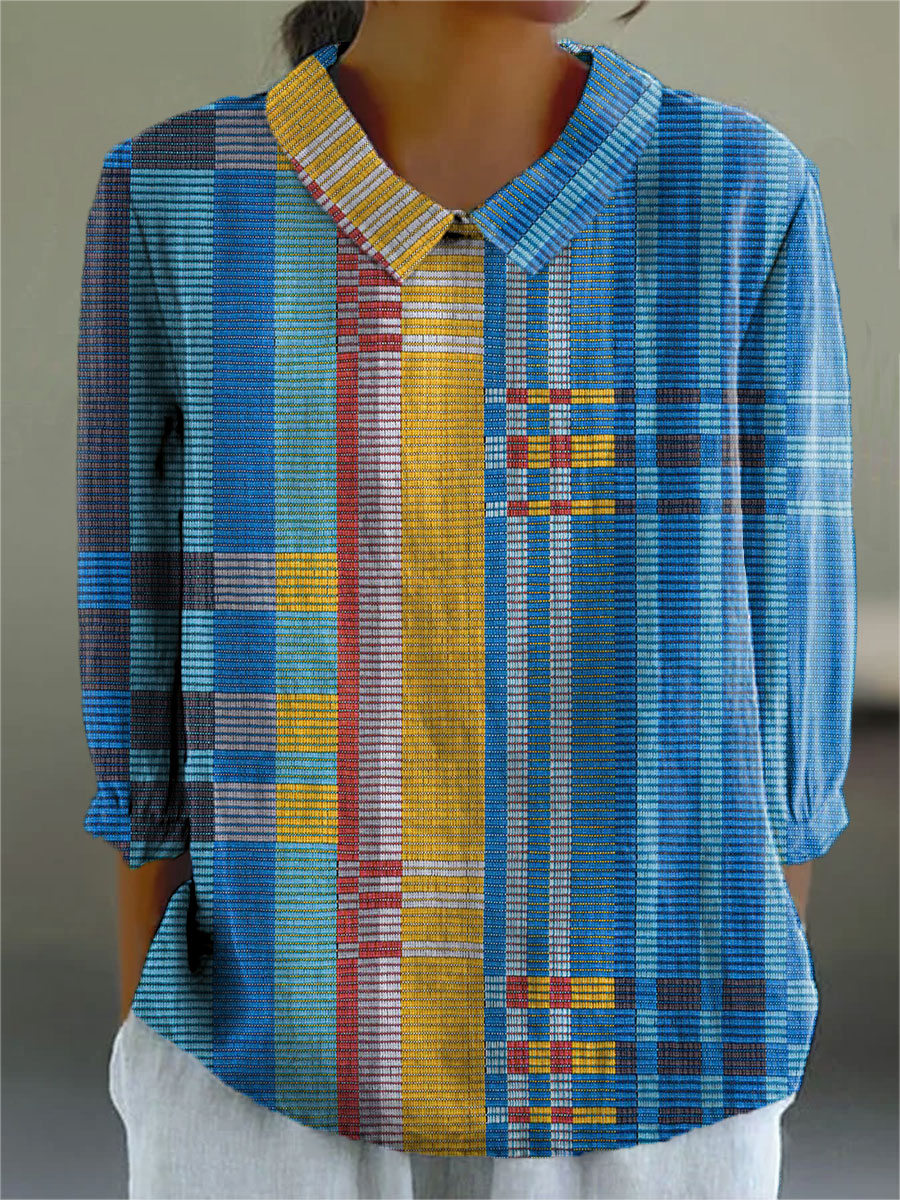 Women's Blue Geometric Color Splicing Print Casual 3/4 Sleeve Shirt
