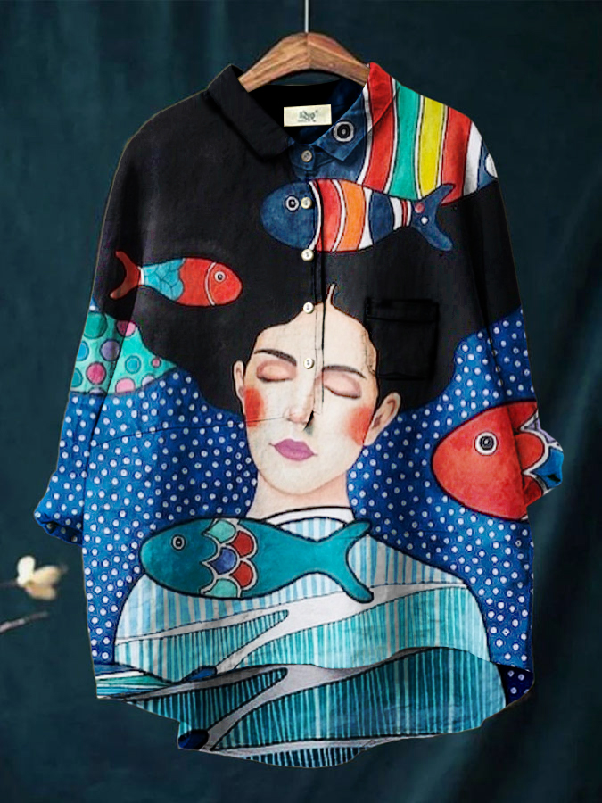 Women's Retro Abstract Colorblock Girls Fish Print Casual Cotton And Linen Shirt