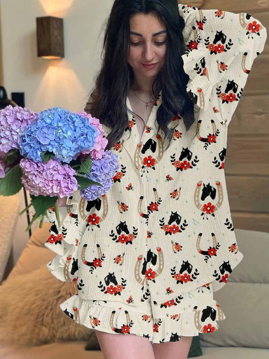 Women's Vintage Horse Print Ruffle Pajama Set