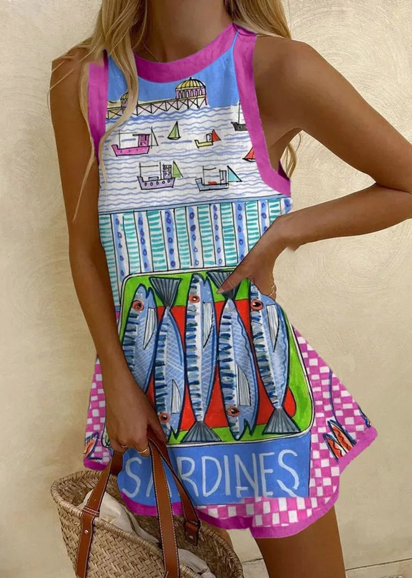 Sea Sardine Print Sleeveless Mini Dress