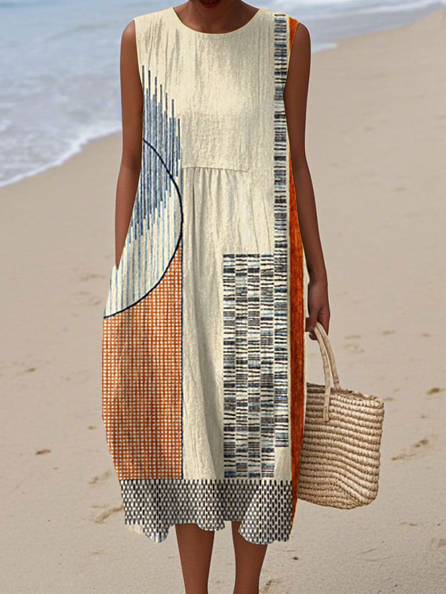 Women's Vintage  Abstract Geometric Art Print Sleeveless Cotton Pocket Wrap Dress