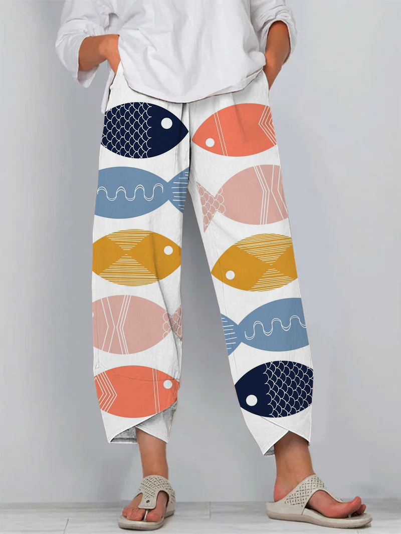 Casual Cartoon Ocean Fish Art Cropped Pants