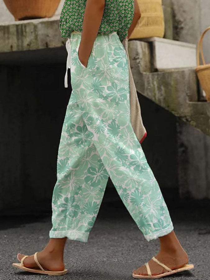 Women's Botanical Floral Design Print Lace-Up With Elastic Waist Loose Casual Pants