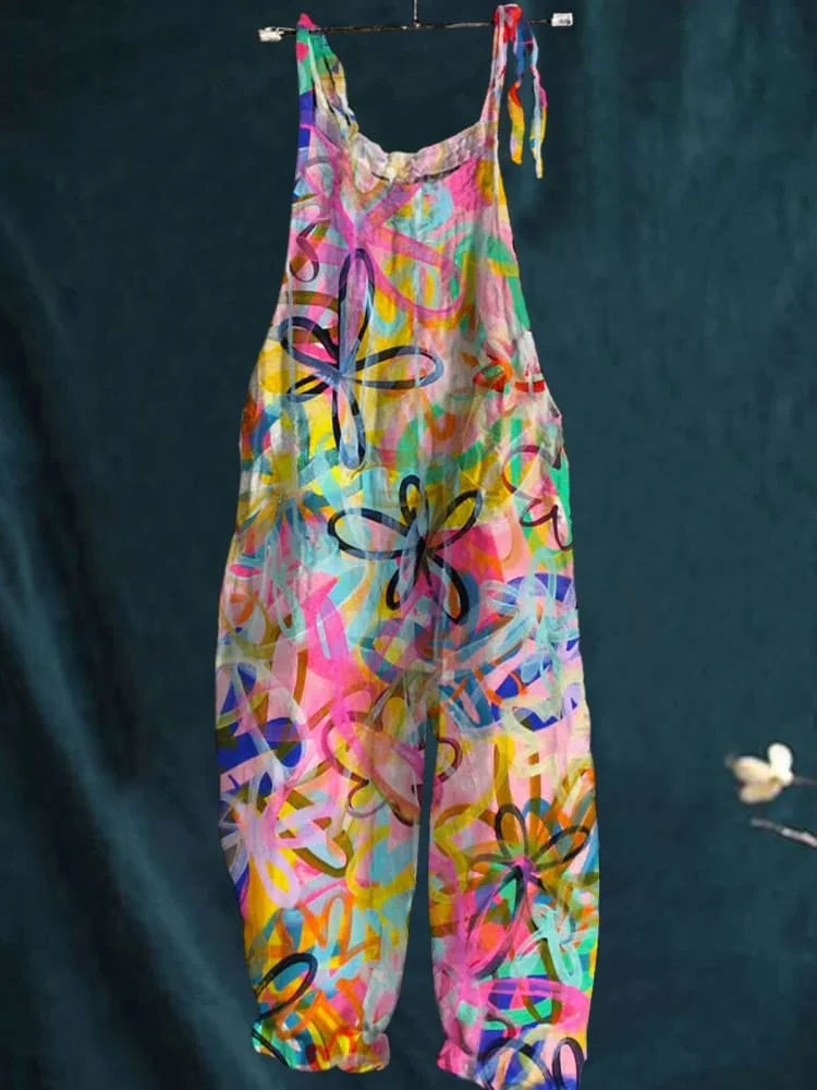 Women's Vintage Lovely Floral Art Print Casual 100% Cotton Wide Leg Jumpsuit