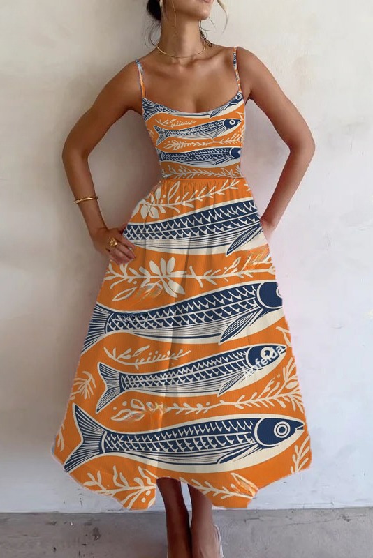 Printed fish art midi dress