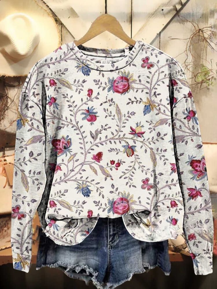 Vintage Floral Print Casual Sweatshirt