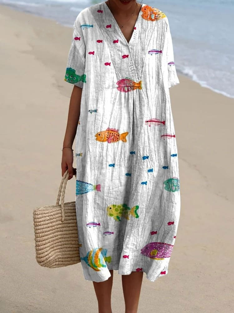 Women's Vintage Lovely Fish Art Print Flowy Dress