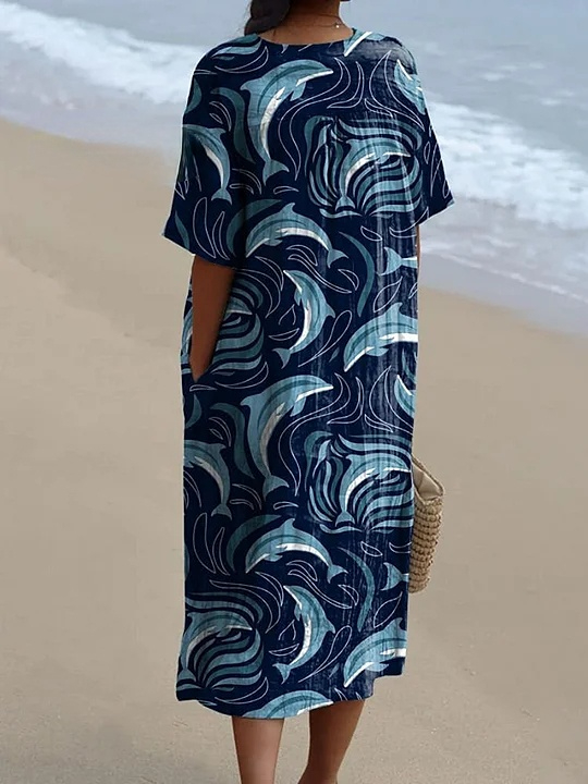 Dolphin Repeat Pattern Printed Women's Flowy Dress