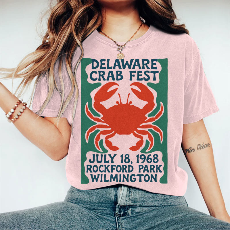 100% Cotton Women's Delaware Crab Fest  Art Print Casual T-shirt