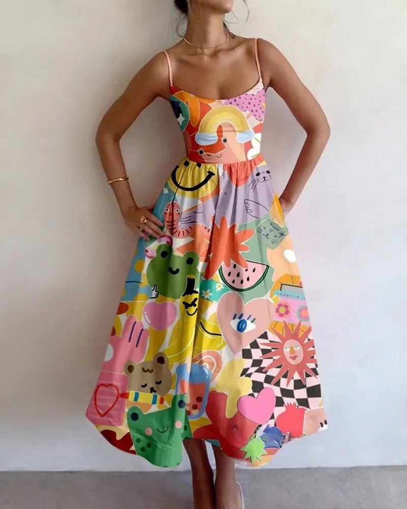 Color Comic Pattern Printed Dress