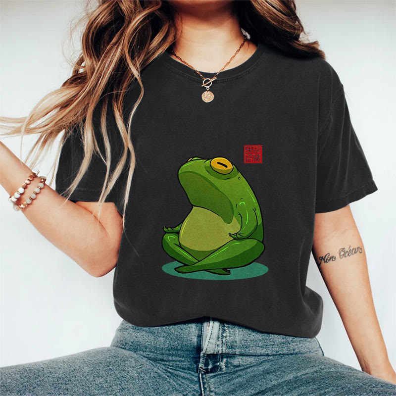 100% Cotton Frog Meditation Art Print Casual T-shirt