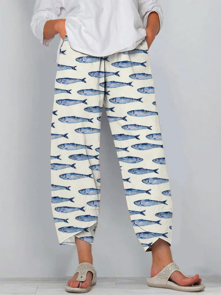 Japanese White Sardines Art Print Cropped Pants