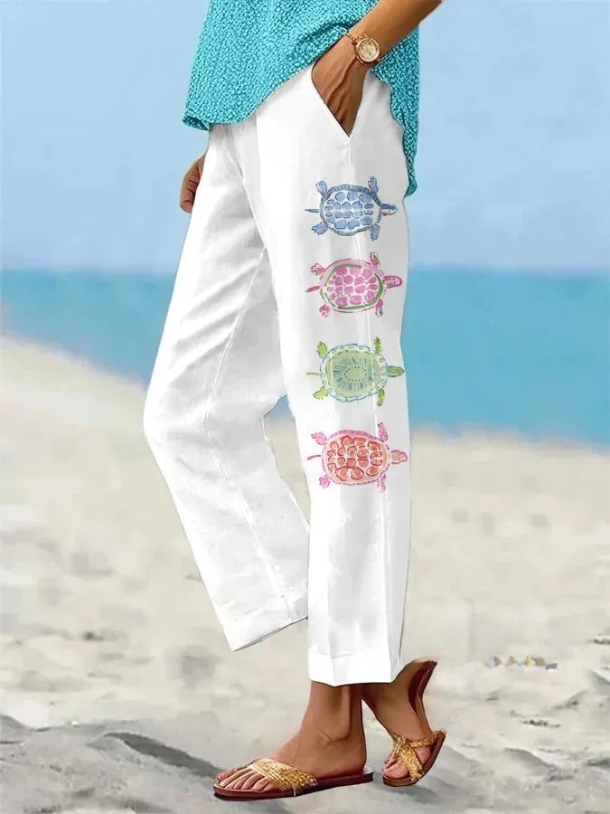 Women's Watercolor Turtle Pattern Loose Casual Pants (With Pockets)