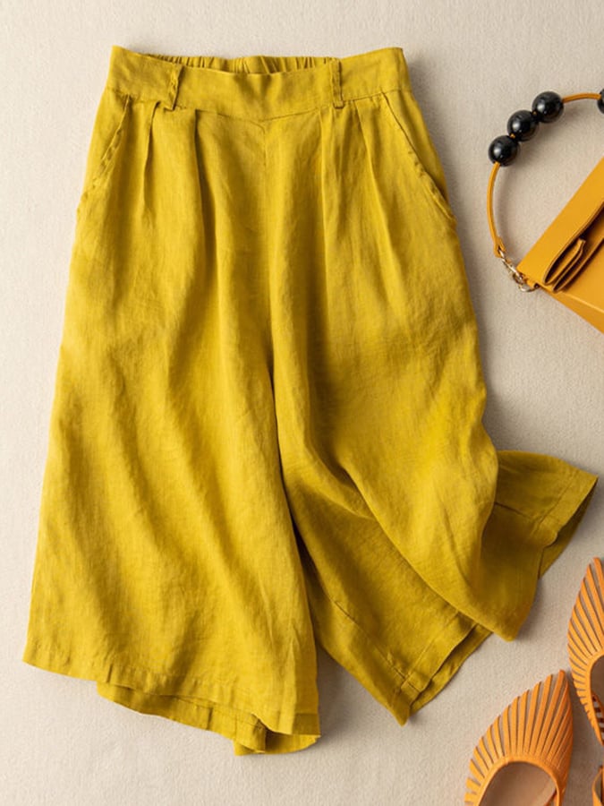 Cotton Thin Half Elastic Cropped Wide Leg Trousers