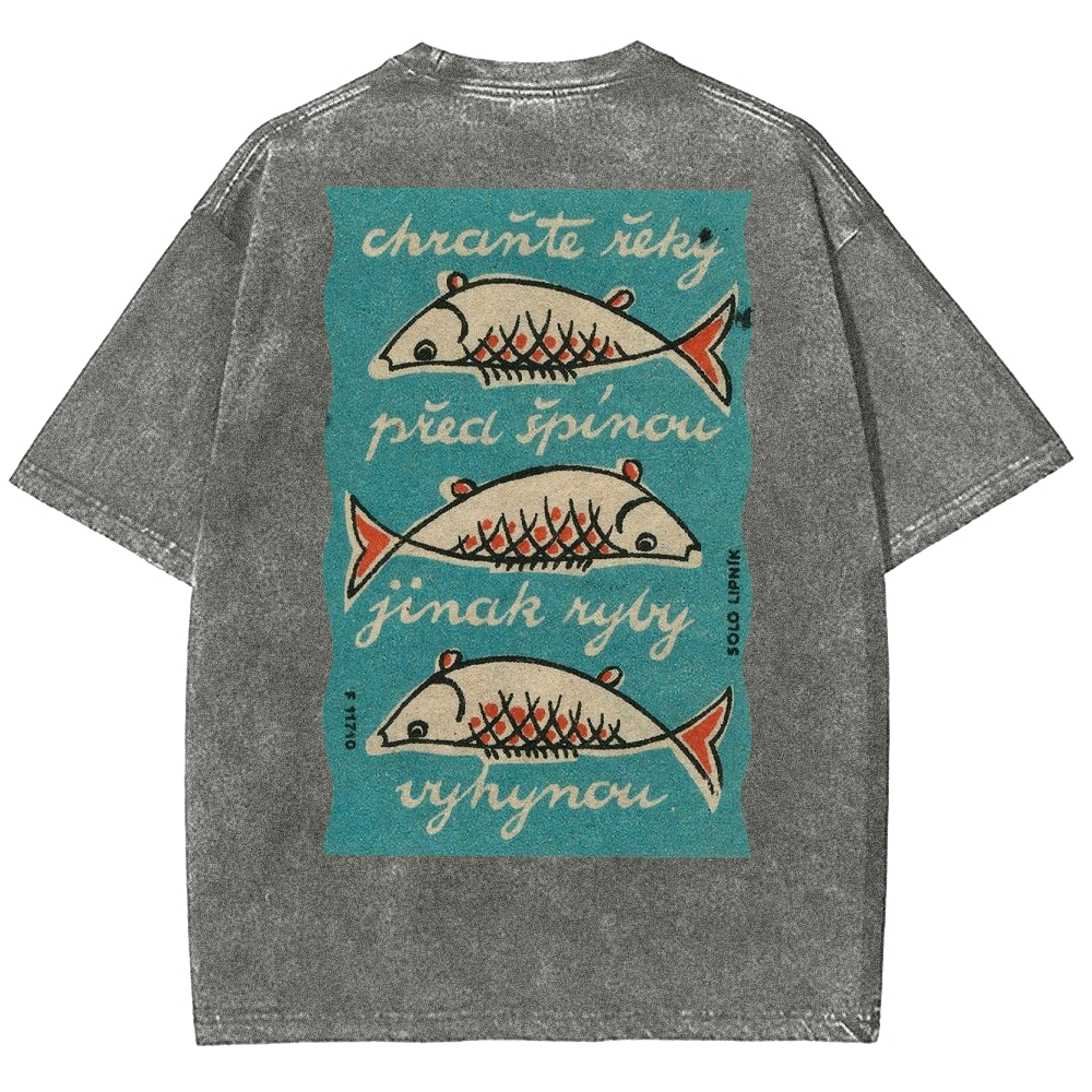Fishes Pattern Printed Washed Vintage Short Sleeves T-Shirt
