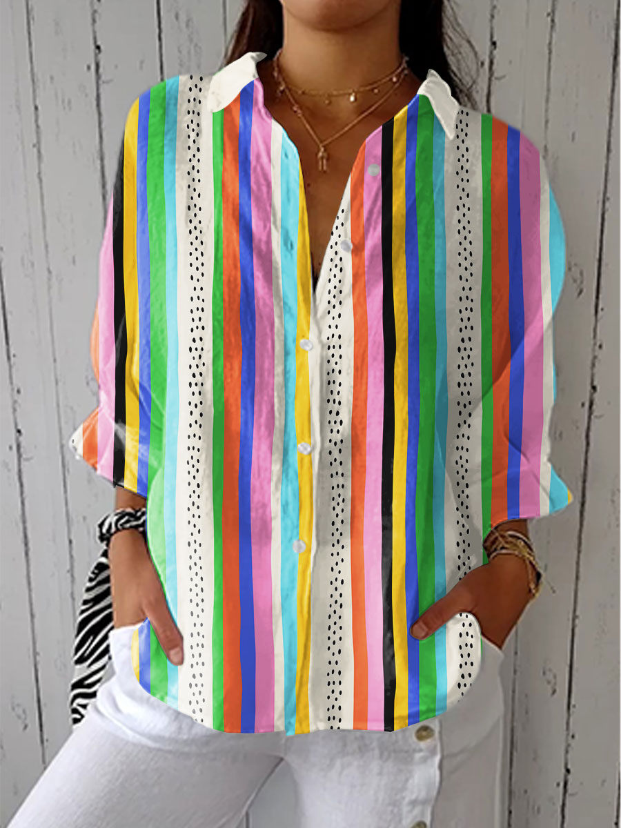 Women's Colorful Stripe Art Print Casual V-neck Shirt