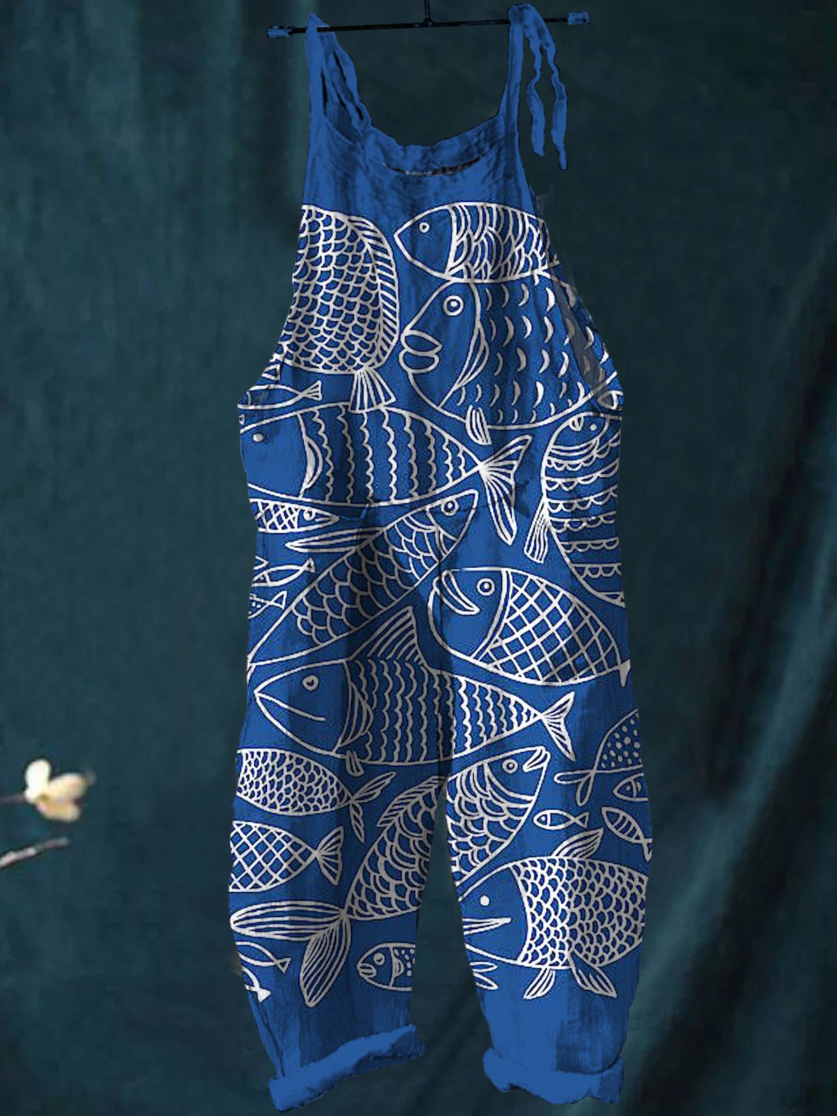 Women's Vintage Lovely Fish Art Print Casual 100% Cotton Wide Leg Jumpsuit