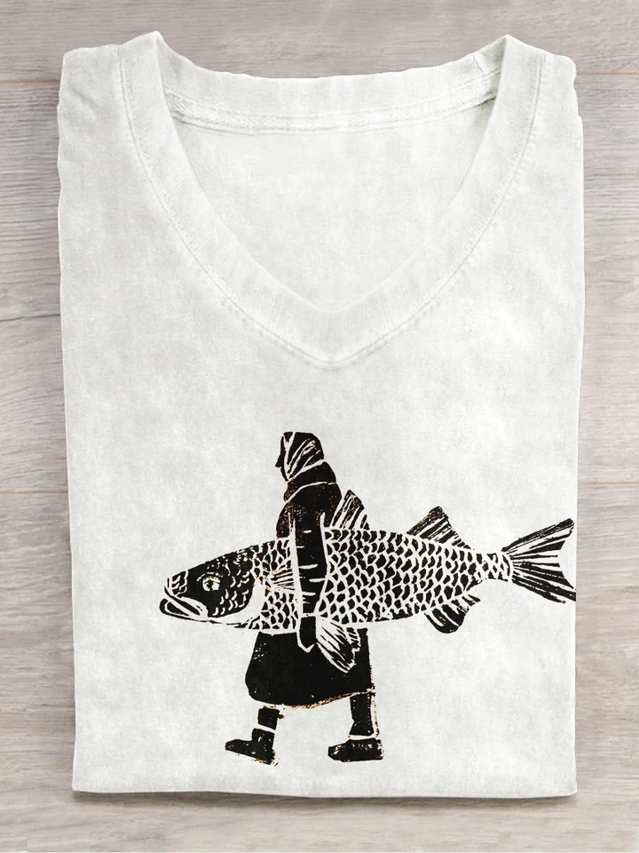 Unisex You Holding a Fish Art Print Round Neck T-Shirt