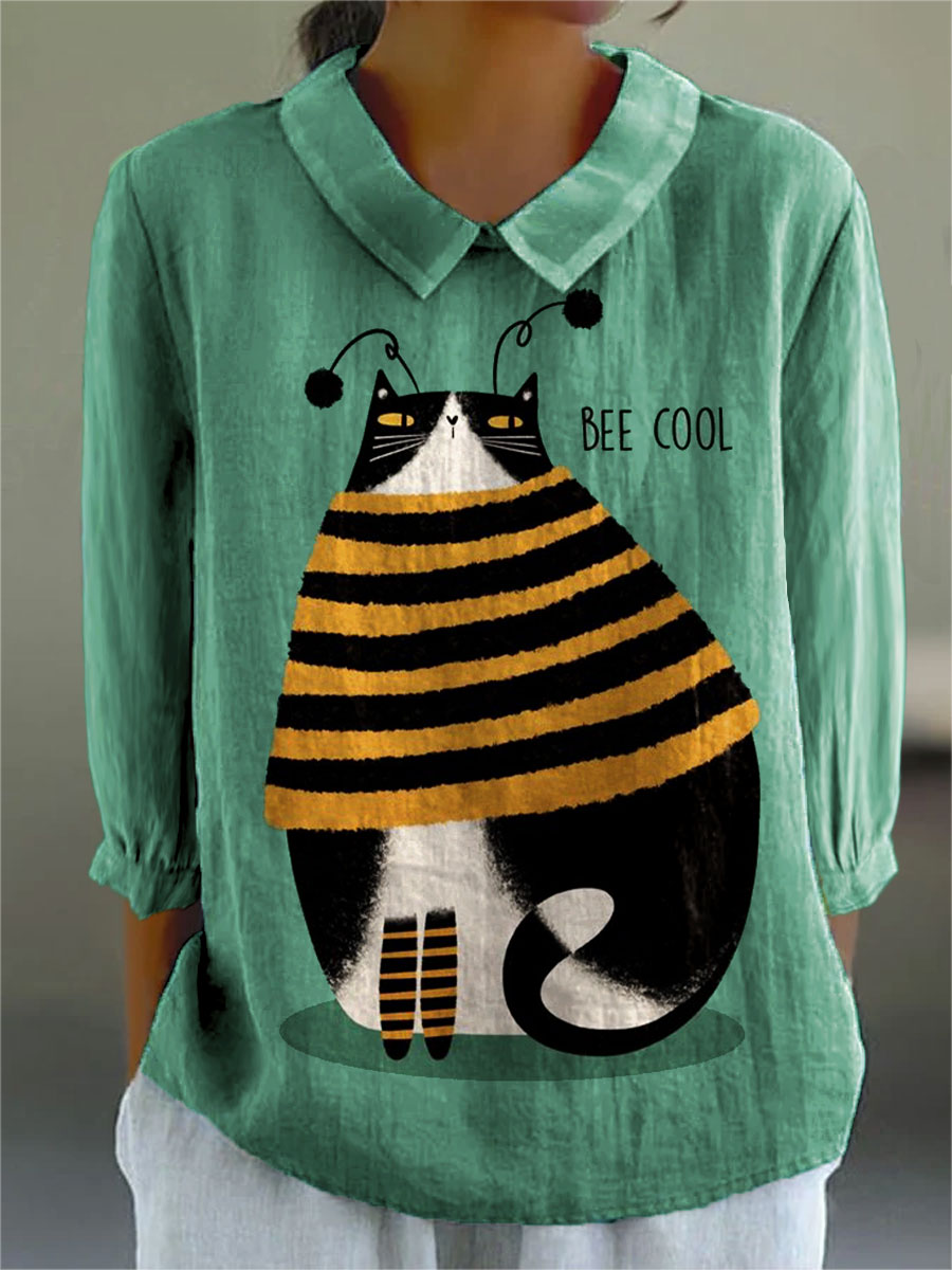 Women's Funny Bee Cat Art Print Casual 3/4 Sleeve Shirt