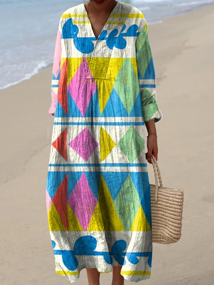 Women's Retro Simple Geometric Hand-drawn Pattern Watercolor Splash Fluid Art Print Flowy Dress