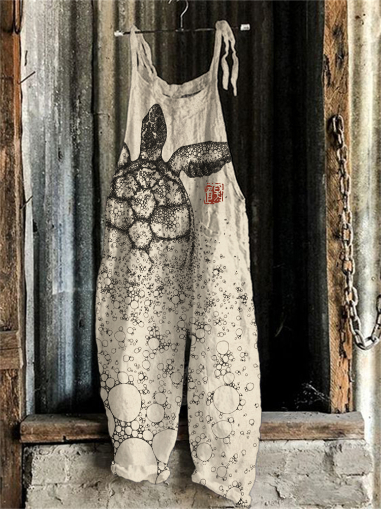 Sea Turtle Japanese Lino Art Linen Blend Jumpsuit