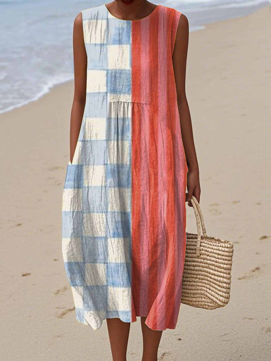 Women's Minimalist Art Colour Clash Geometry Print Sleeveless Cotton Pocket Wrap Dress