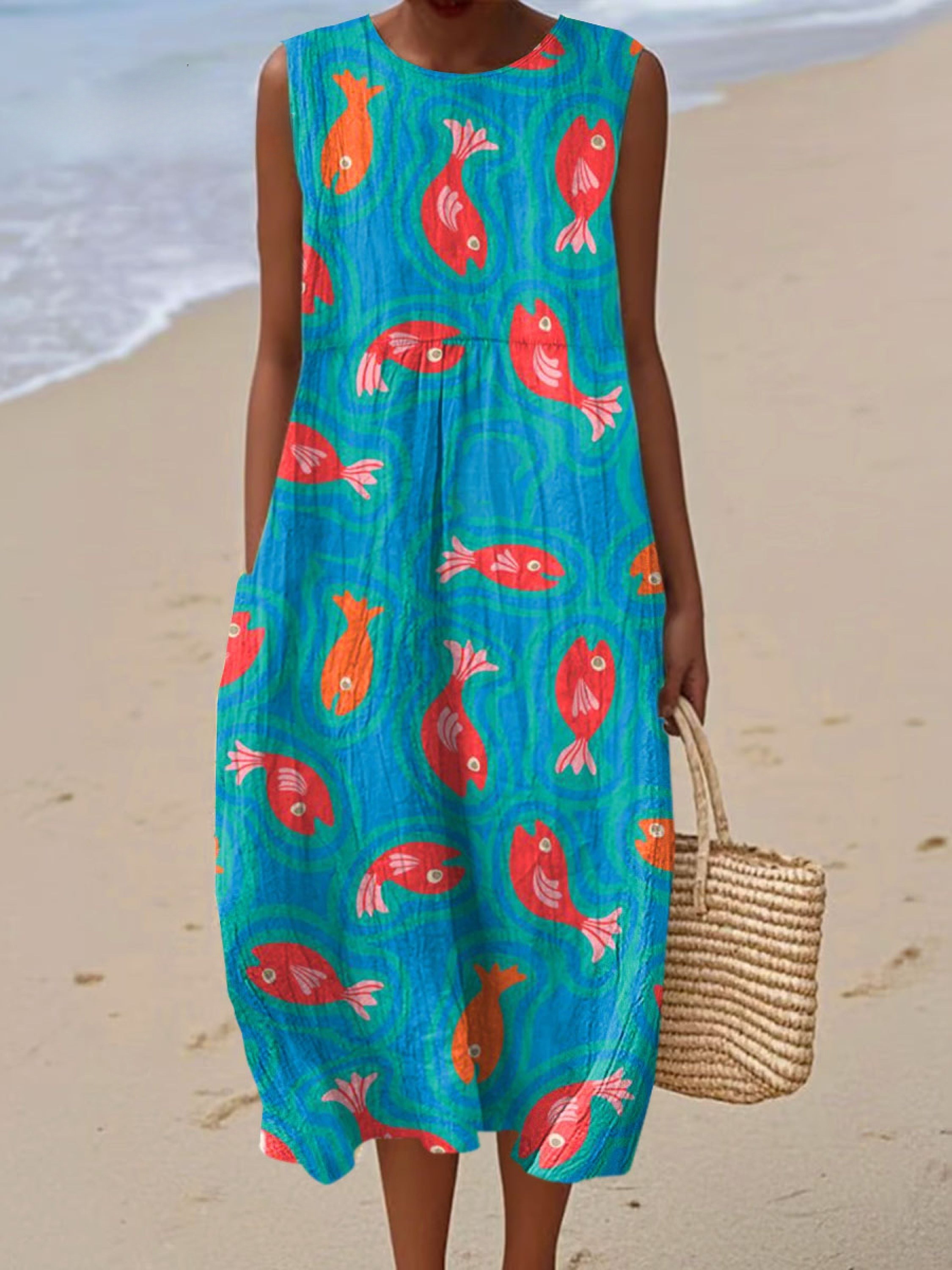Women's Vintage Fish Art Print Sleeveless Cotton Pocket Wrap Dress