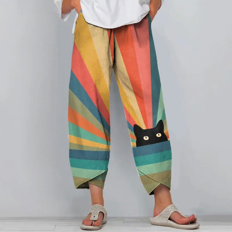 Japanese Art Rainbow Cat Print Pants