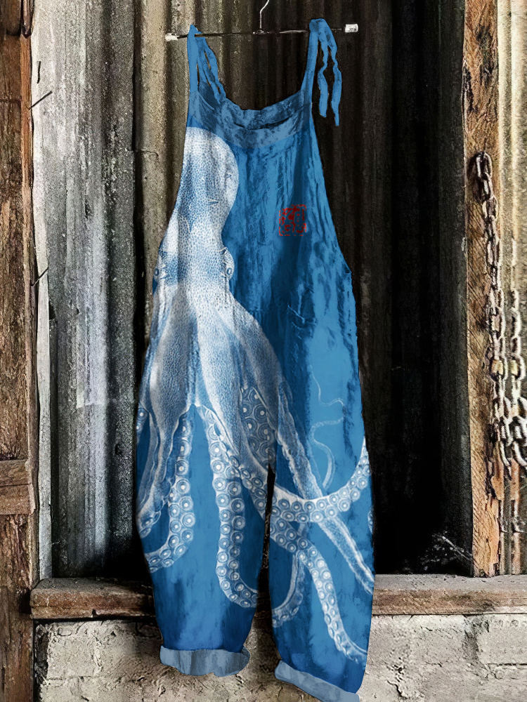 Vintage Octopus Japanese Art Print Loose Jumpsuit