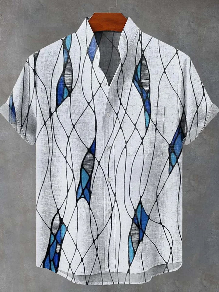 Striped Grid Geometric Art Print Casual Shirt