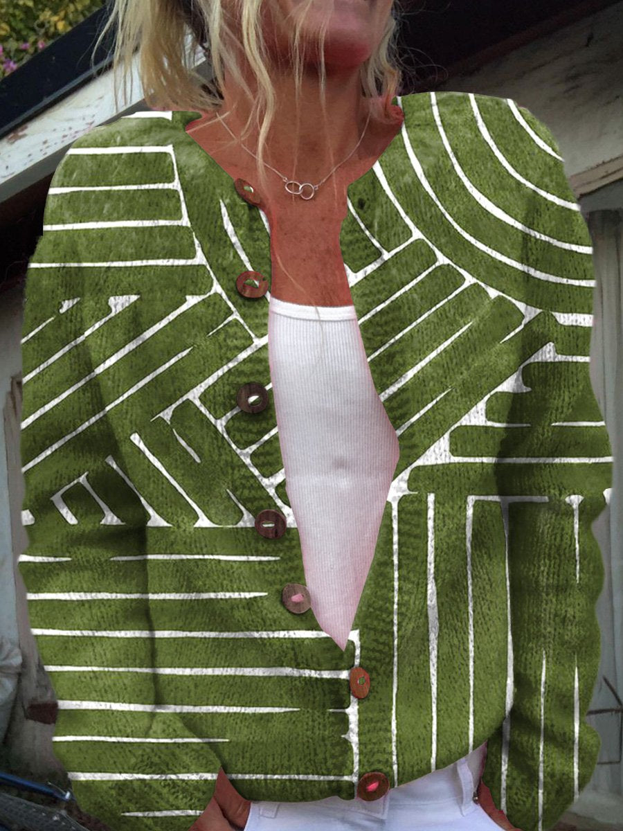 Simple Geometric Pattern Printed Buttoned Cardigan Sweater