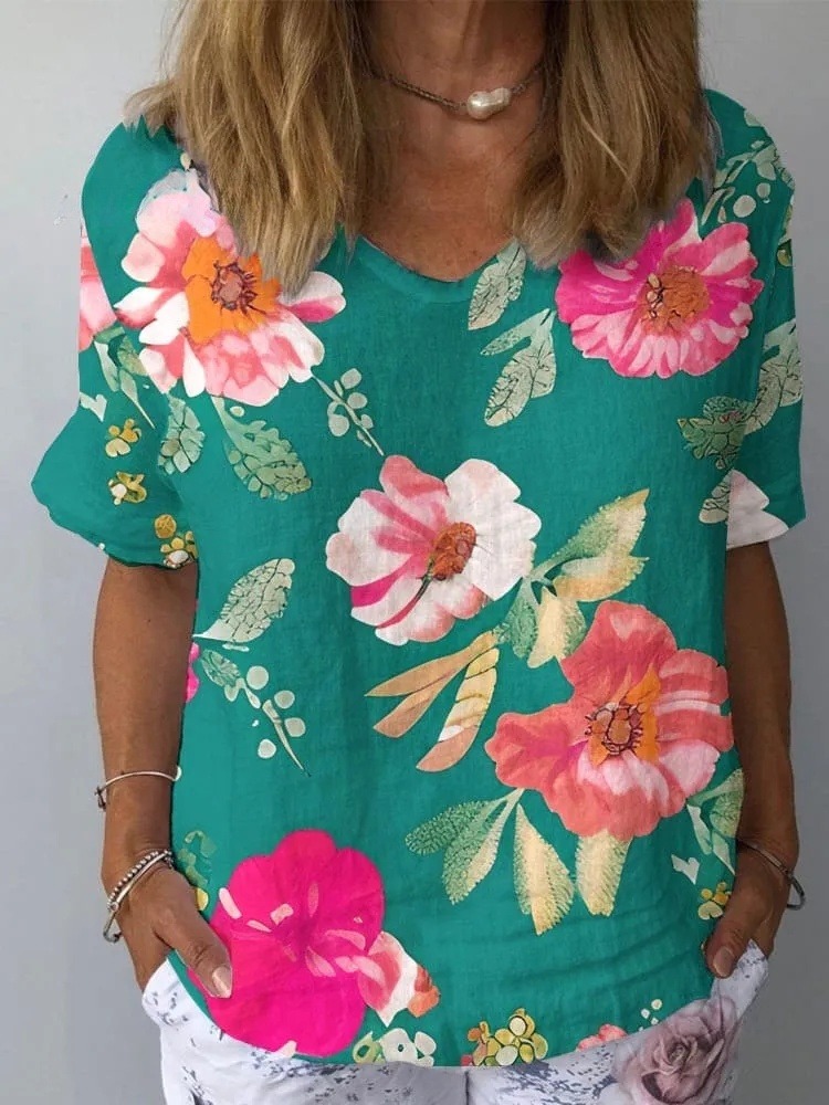 Women's Artistic Flower Pattern Cotton and Linen Short Sleeve Top