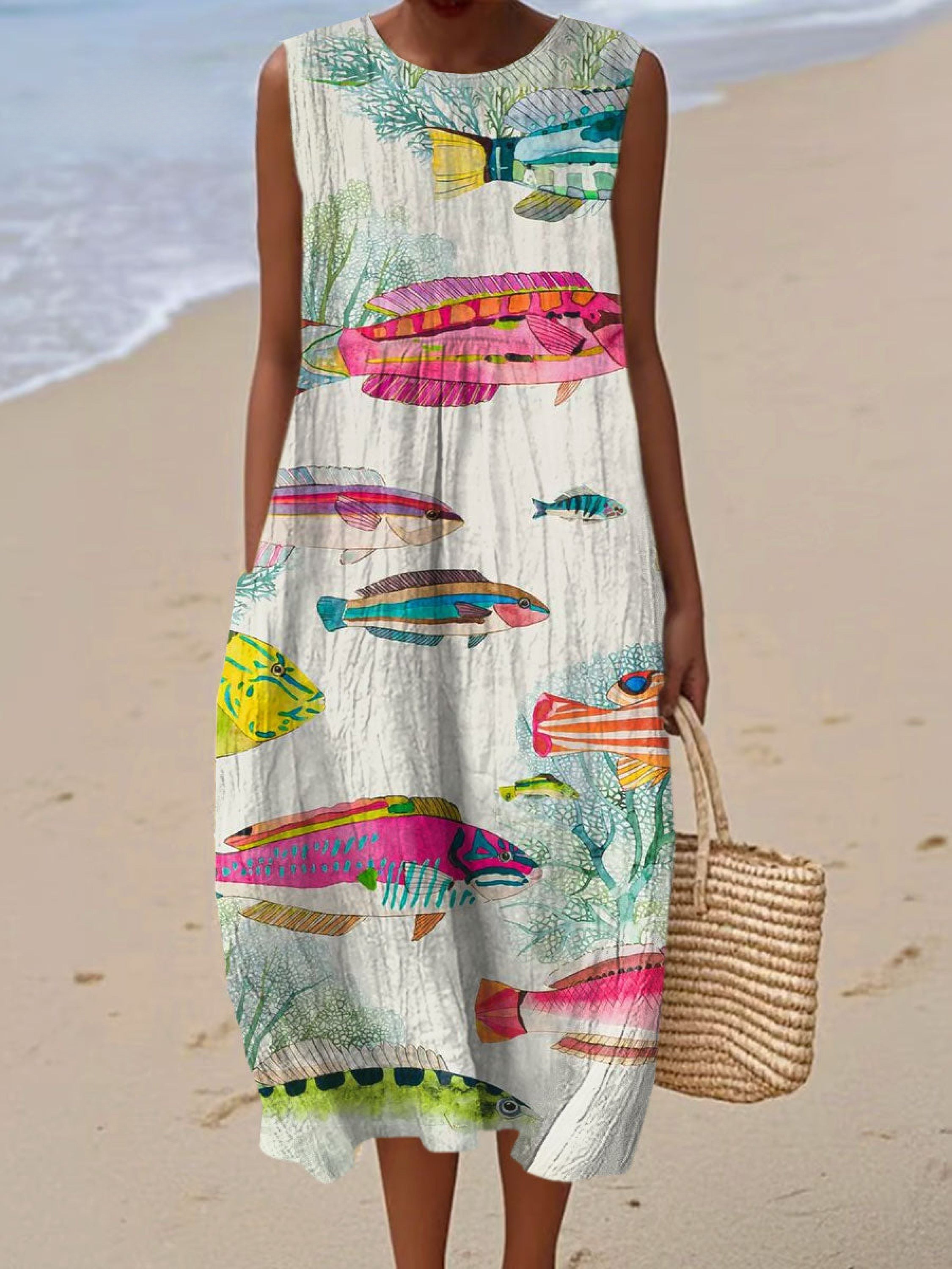 Women's Vintage Fish Art Print Sleeveless Cotton Pocket Wrap Dress