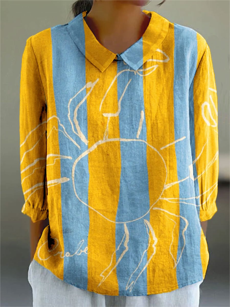 Women's Vintage Abstract Geometric Crab Art Print Casual 3/4 Sleeve Shirt