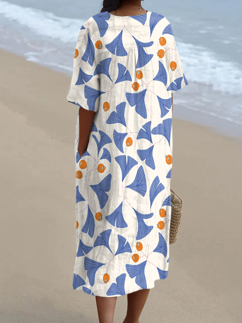 Casual Ginkgo Leaf Print V Neck Midi Dress
