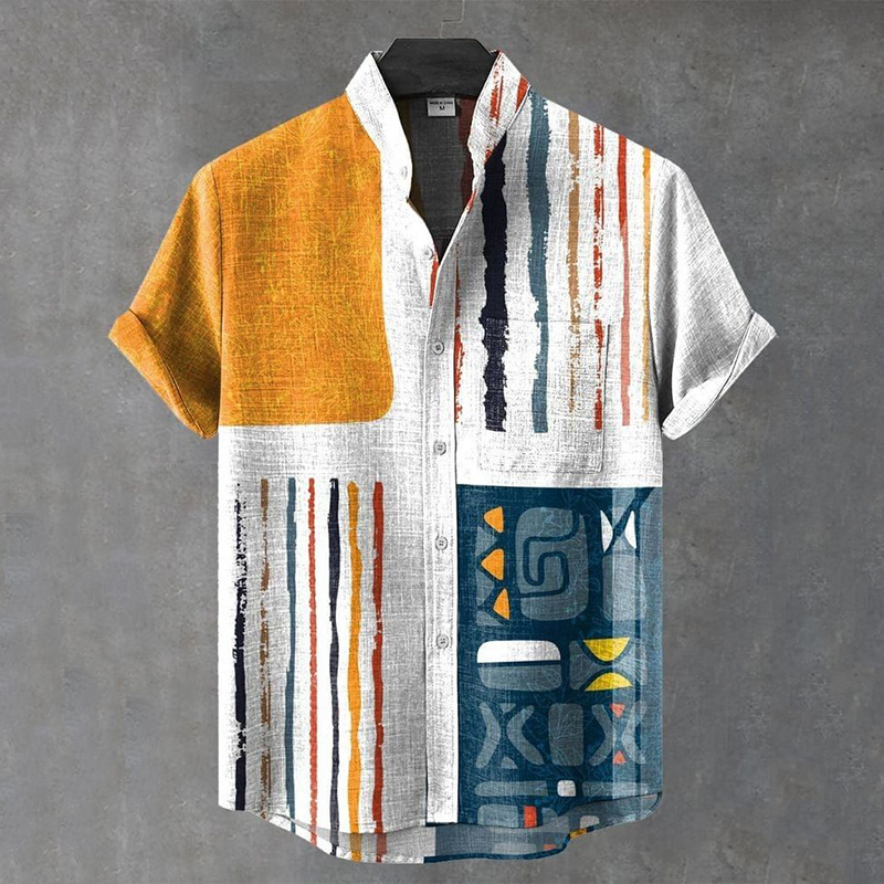Abstract African Art Stripe Vintage Geometric Print Casual Shirt