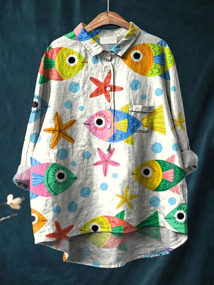 Lovely Cartoon Fish And Sea Star Pattern Printed Women's Casual Cotton And Linen Shirt